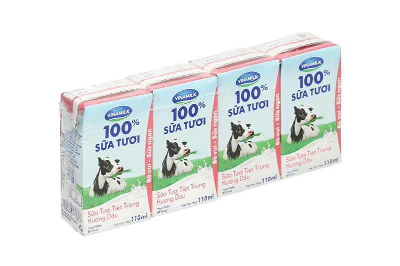 Sữa tươi Vinamilk hương dâu hộp 110ml - vỉ 4 hộp