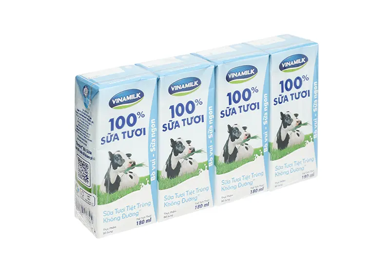 Sữa tươi Vinamilk không đường hộp 180ml - vỉ 4 hộp
