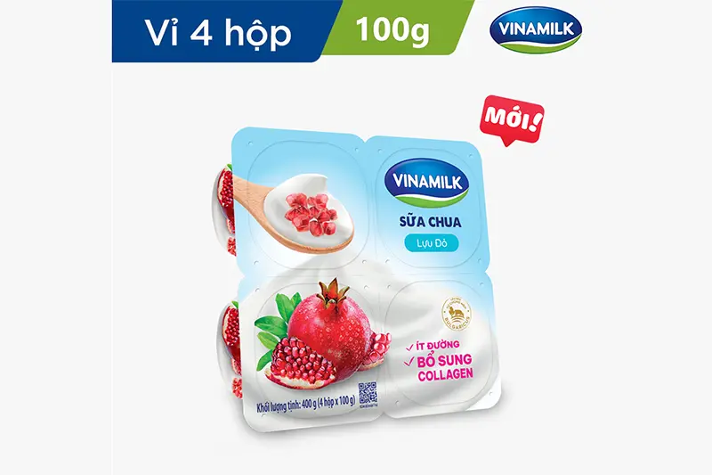 Sữa chua Vinamilk lựu đỏ ít đường hộp 100g - vỉ 4 hộp