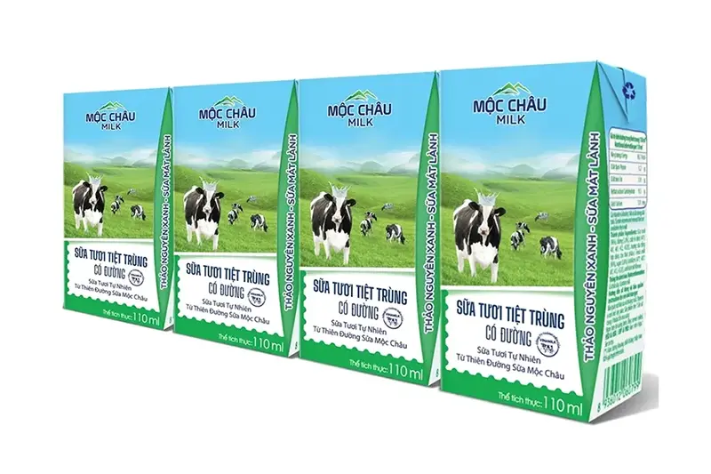 Sữa tươi Mộc Châu có đường hộp 110ml - vỉ 4 hộp