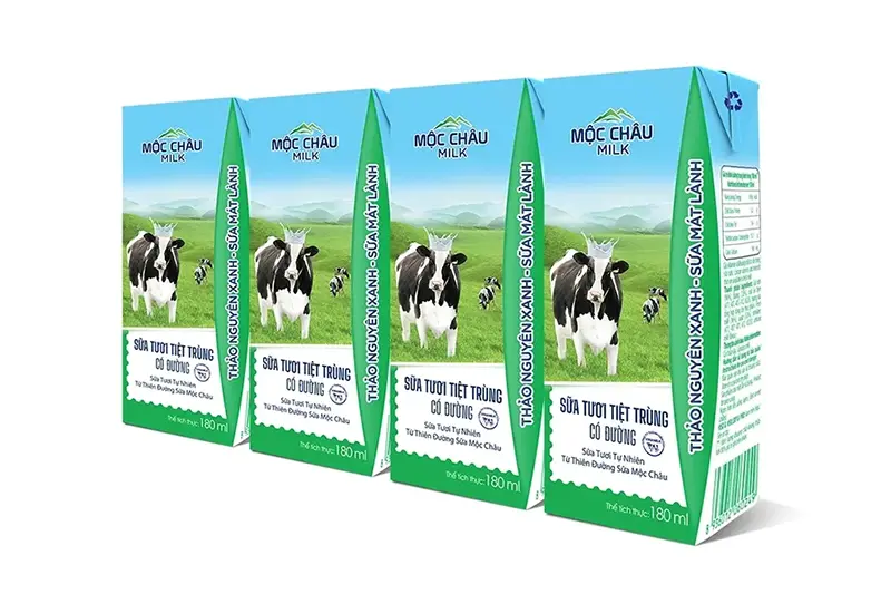 Sữa tươi Mộc Châu có đường hộp 180ml - vỉ 4 hộp