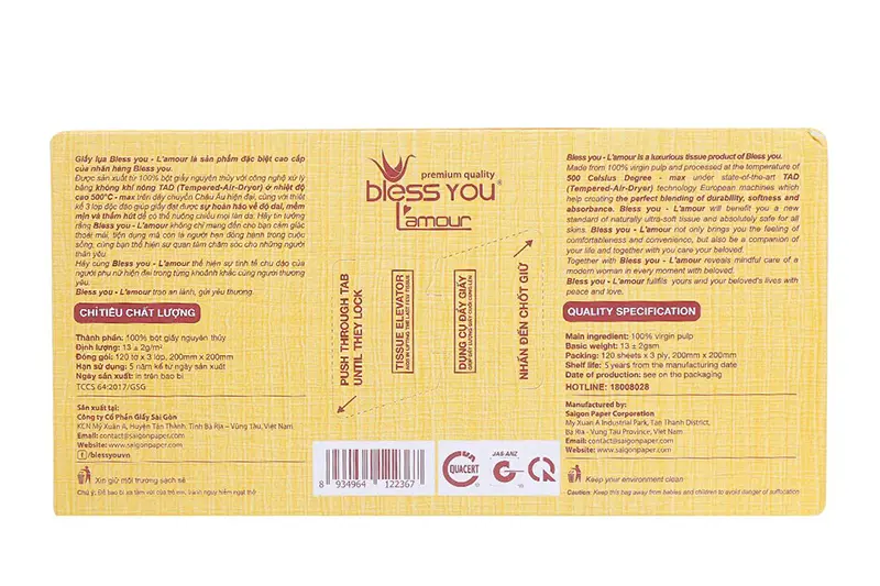 Khăn giấy lụa Bless You Lamour vàng - hộp 120 tờ