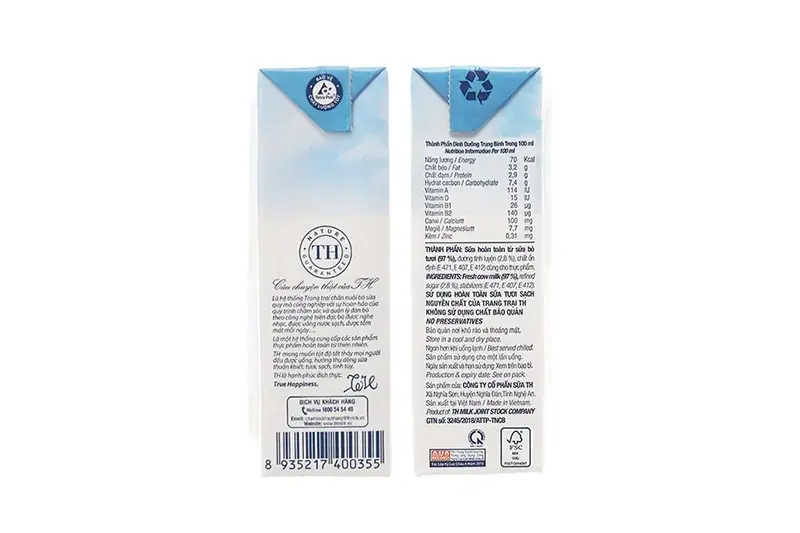 Sữa tươi TH ít đường hộp 180ml - vỉ 4 hộp