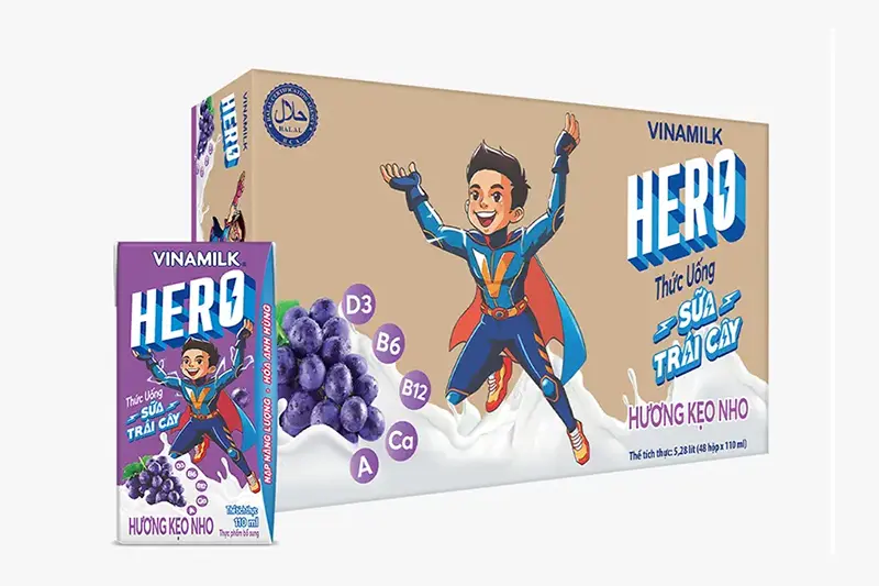 Sữa trái cây Vinamilk Hero kẹo nho hộp 110ml - vỉ 4 hộp