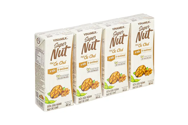 Sữa đậu nành Vinamilk super nut óc chó ít đường hộp 180ml - vỉ 4 hộp